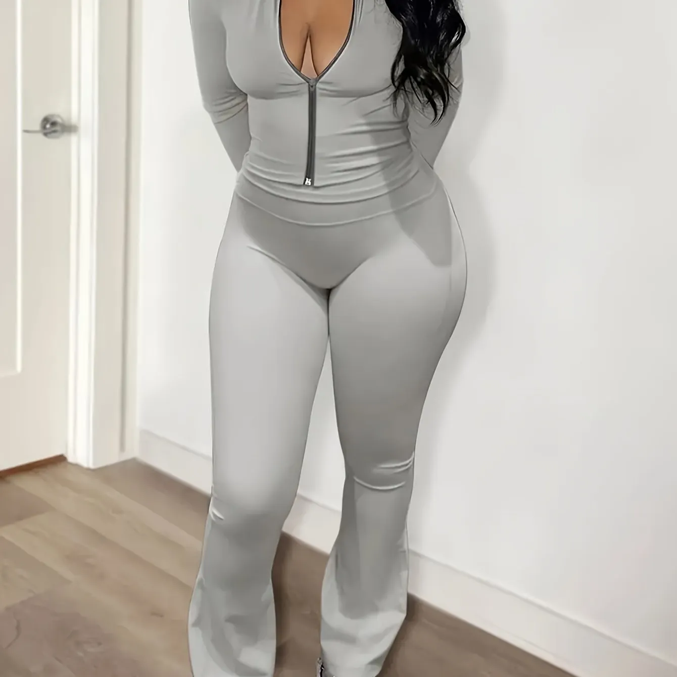 Zippered Jacket and Flared Pants Set