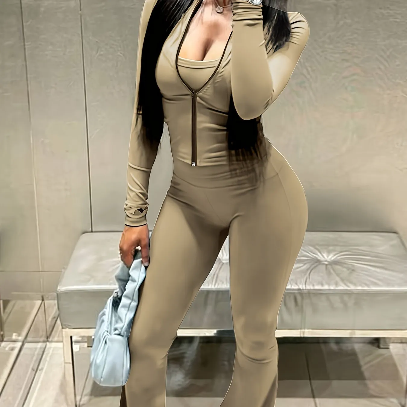 Zippered Jacket and Flared Pants Set