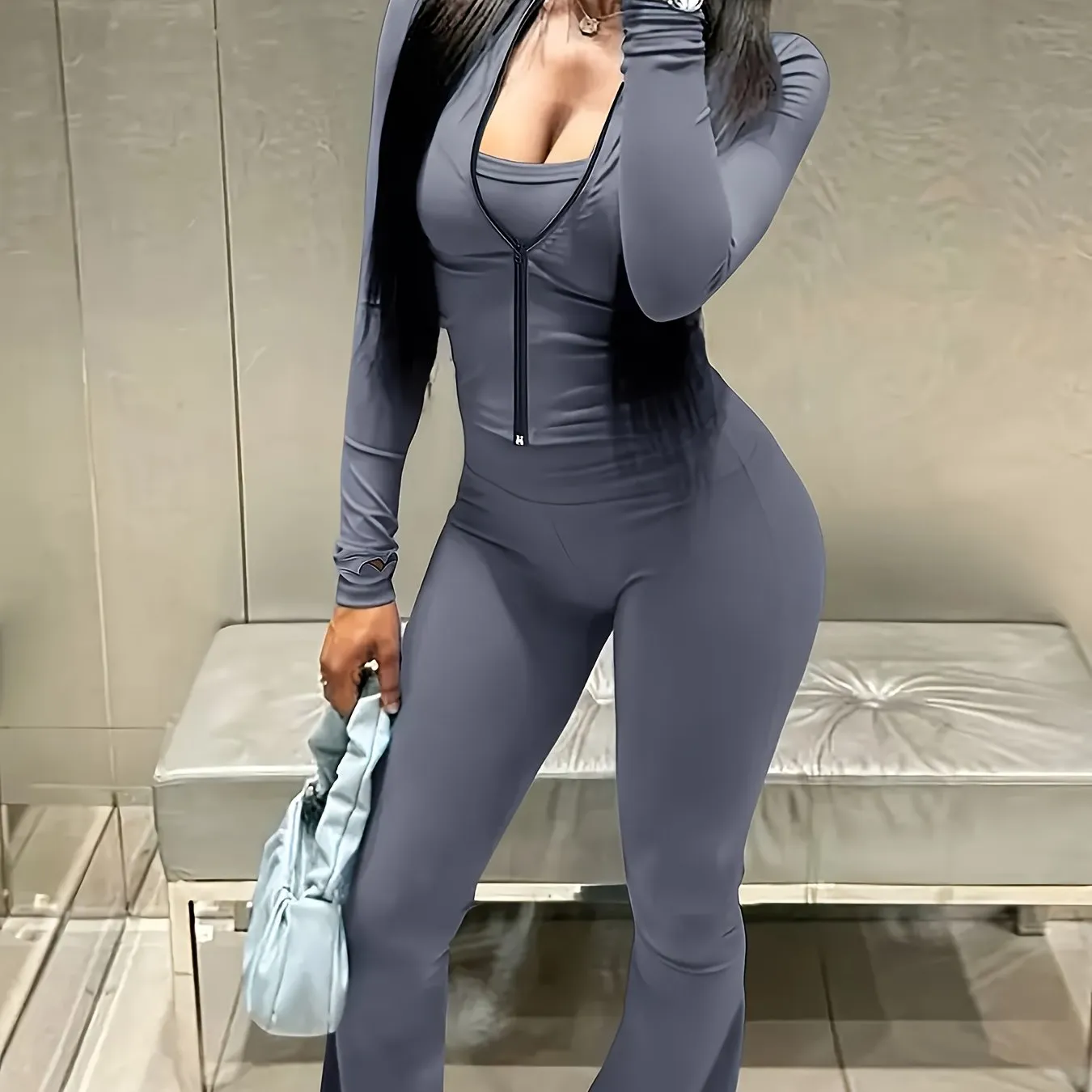 Zippered Jacket and Flared Pants Set