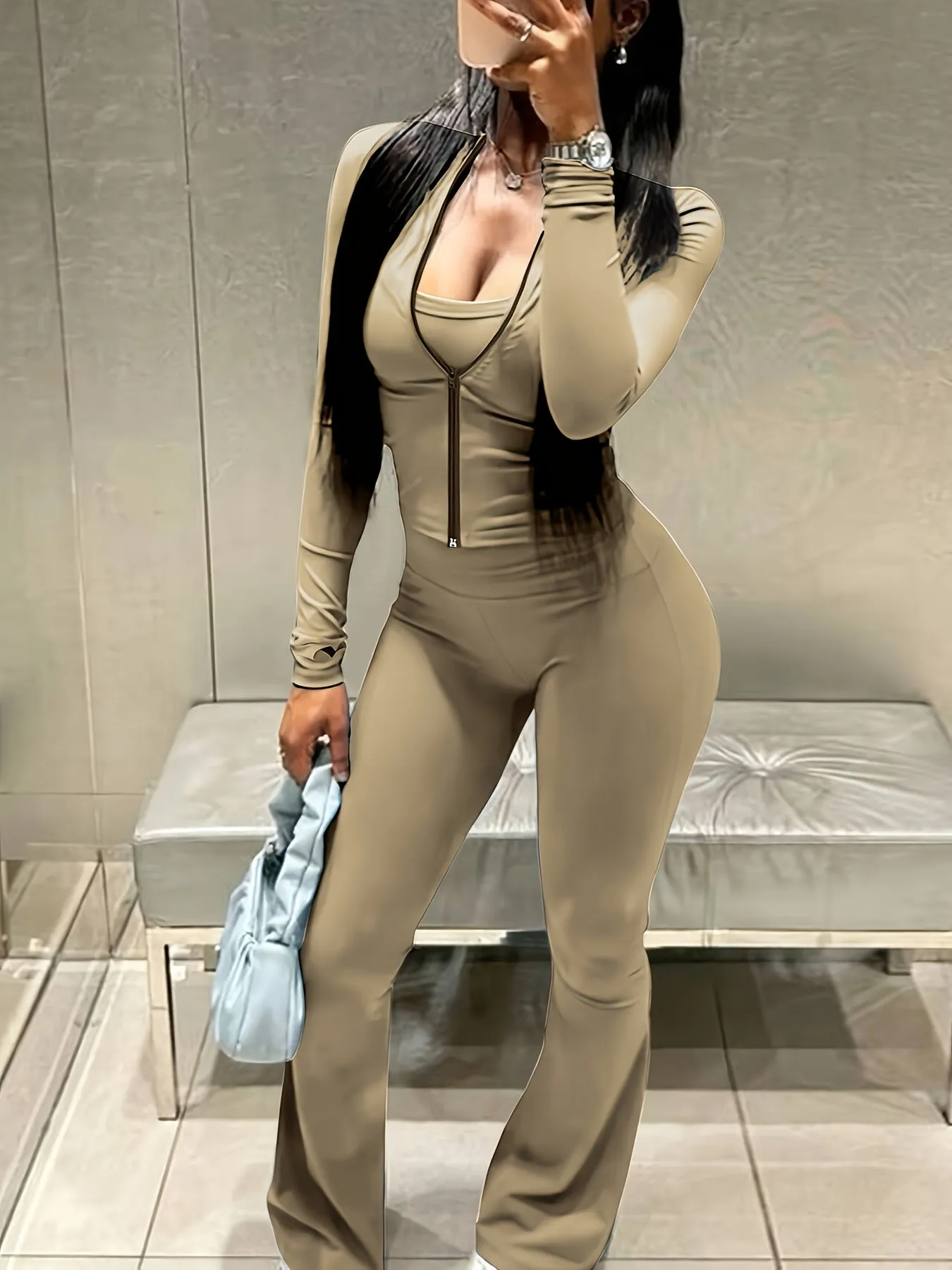 Zippered Jacket and Flared Pants Set